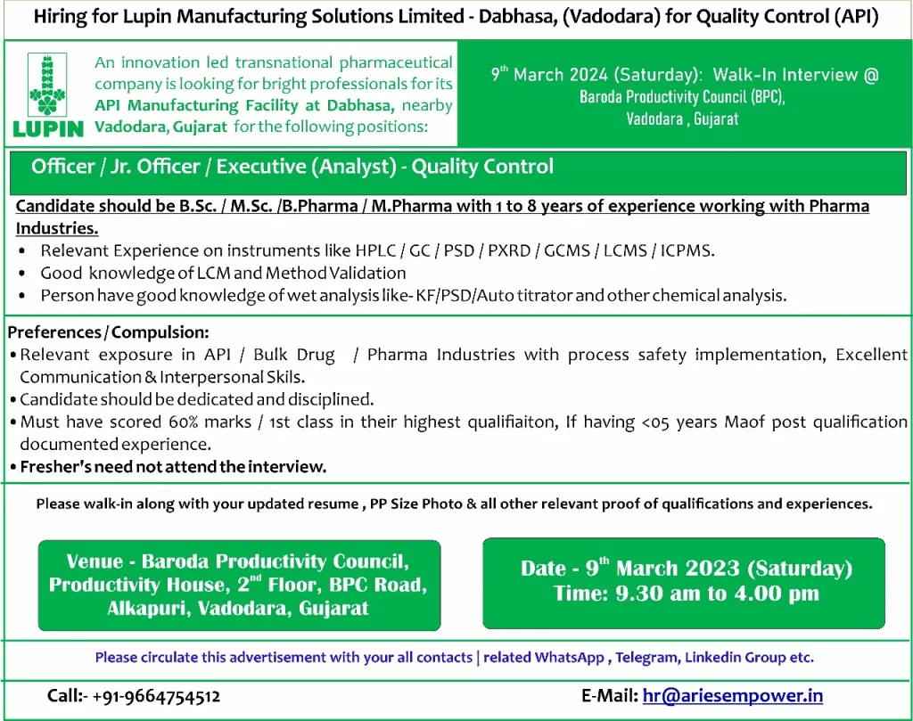 Lupin Limited - Walk-In Interviews for Multiple Positions on 9th Mar 2024